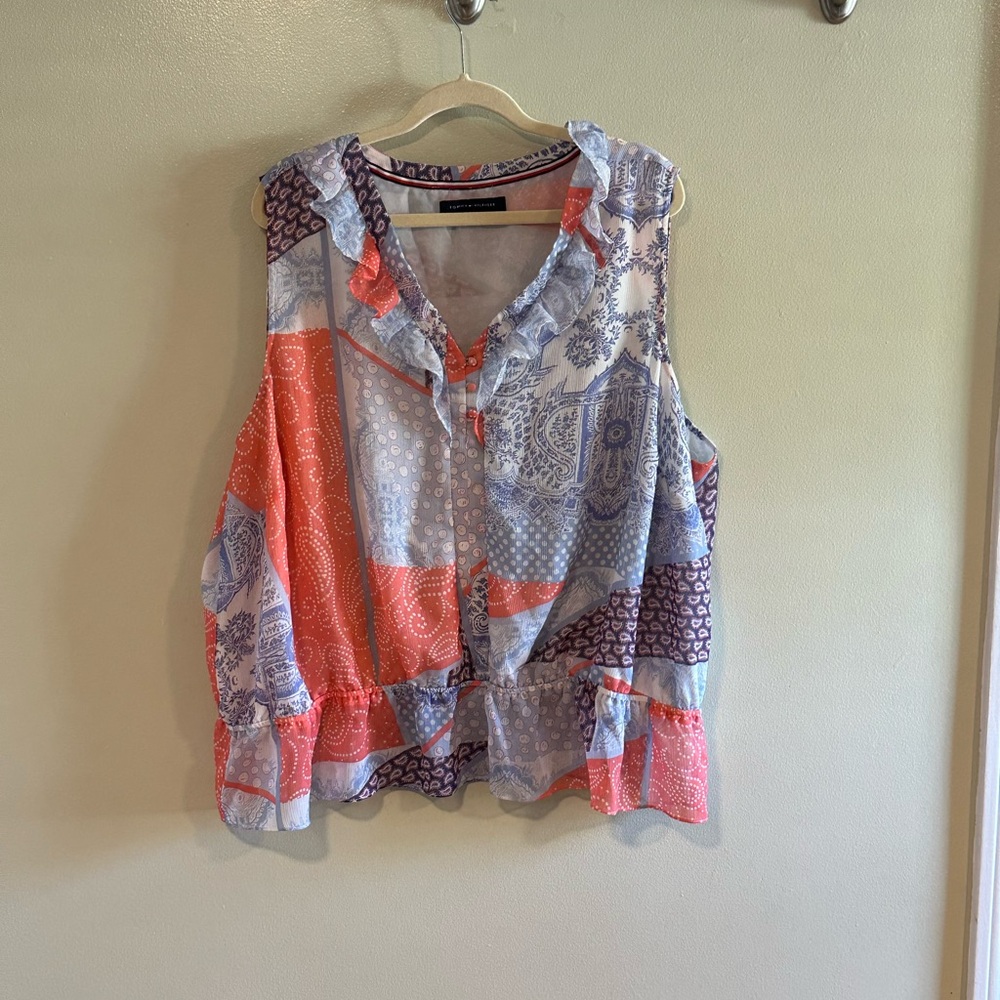 Tommy Hilfiger Pink and Gray Ruffled Blouse